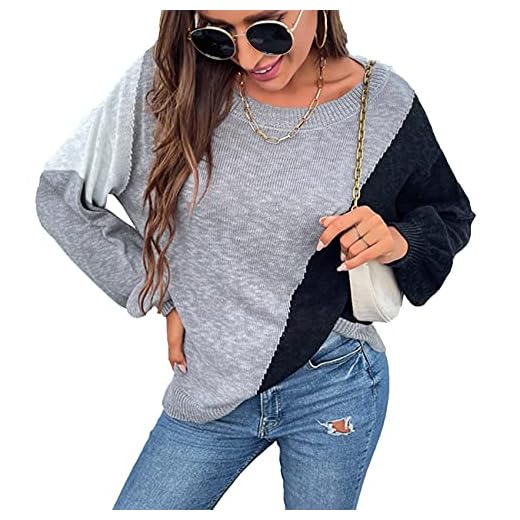 KeYIlowys Stickad tröja höst och vinter tröja ny oregelbunden färg matchande off-shoulder tröja kvinnor, Grå, S