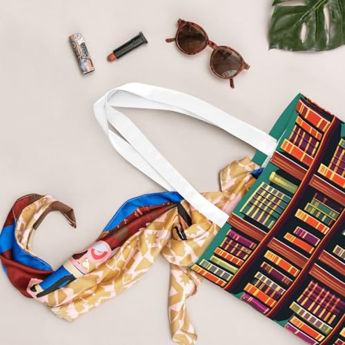 Library Bookshelf Print Polyester Canvas Tote Bag, Shopping Bag With Reinforced Handles, Reusable3