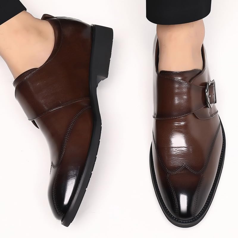 Dress Formal Shoes for Men's Burnished Leather Monk Party Slip On Breathable Office Non Slip Low Top Anti-Slip Shoe4