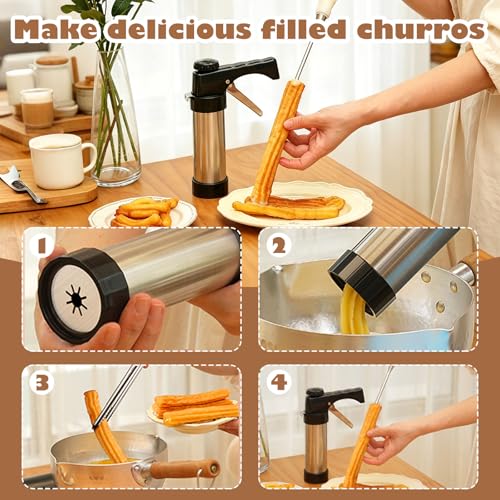 3-in-1 Churro Maker & Spritz Cookie Press Gun Kit, Stainless Steel Baking Tool with 16 Discs, 8 Icing Nozzles, Piping Bag & Cleaning Brush, Easy Press Handle for Homemade Cookies and Churros by YAMEOME - Image 5