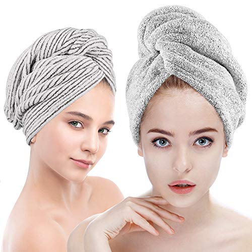 ELLEWIN Organic Bamboo Hair Towel Wrap 2 Pack, Drying Bath Shower Hair Turban with Buttons, Super Absorbent Quick Dry Hair Towel for Curly Long Thick Hair
