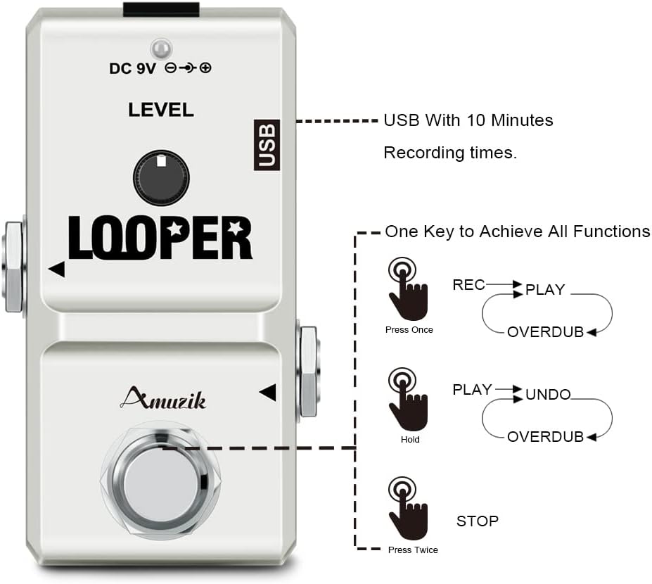 Amuzik Looper Electric Guitar Effect Loop Pedal 10 Minutes of Looping Unlimited Overdubs USB Port True Bypass, White Looper - Image 3