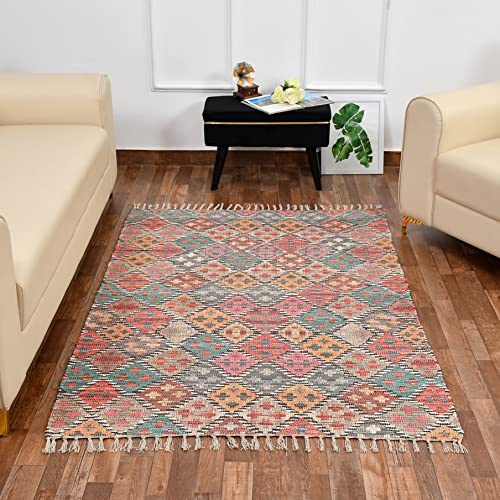 Image of HOMADORN Handmade Sustainable Printed Modern Dhurrie /Rugs /Carpet upcycled from Scrap Fabric for Living Room /Bedside Runner for Enhanced Decor (4x6 feet)