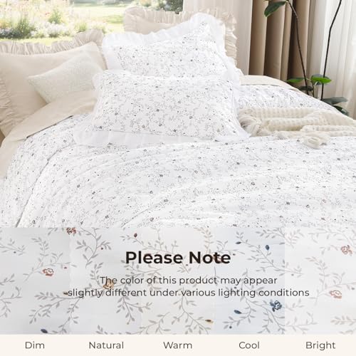 Image of Litanika Floral Ruffle Queen Comforter Set, 3 Pieces White Cream Farmhouse Aesthetic Soft Lightweight Fluffy Bedding Comforter Sets for Girls Women, All Season (90x90In Comforter, 2 Pillowcases)