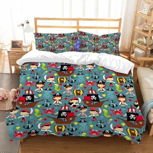 NIOYNJIS Ropa de Cama. Cubierta de Gran Comodidad,Hecha de algodón 100% Suave y Delicado,Muy amigable con la Piel,Patrón sin Costuras con Cara de Pirata, Marinero, Calavera Negra, Algas mar,178x208cm