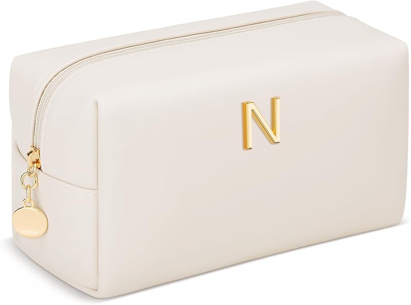 Necessaire de maquiagem e cosméticos KKXIU com inicial metálica, bege