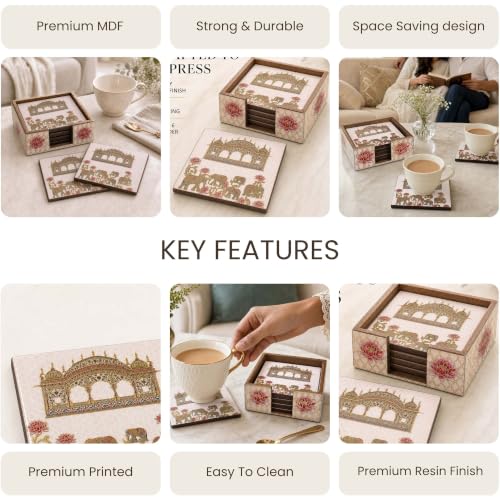Image of The Earth Store Premium Regal Elephant Wooden Coaster Set of 6 with Matching Holder - Engineered Wood with Resin Art Wooden Coaster | Tea Coaster Set of 6 | Square Coaster Set for Dining Table