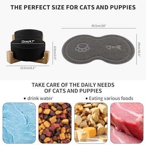 Zosenyer Katzennapf, 2 Stück Keramik Futternapf Katze Set, 3-in-1 rutschfeste Katzennäpfe mit Holzstände und Matten, Fressnapf und Wassernapf für Katzen und Kleine Hunde