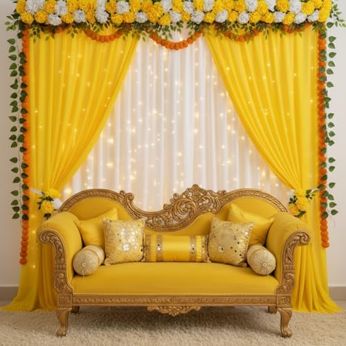 Image of Party Propz Ganpati Decoration Setup For Home - 11pc Yellow Backdrop Cloth For Decorations Pooja with 9m Light, Leaves, Varalakshmi and Janmashtami Backdrop, Haldi Decoration(Satin Mix)(Yellow, White)