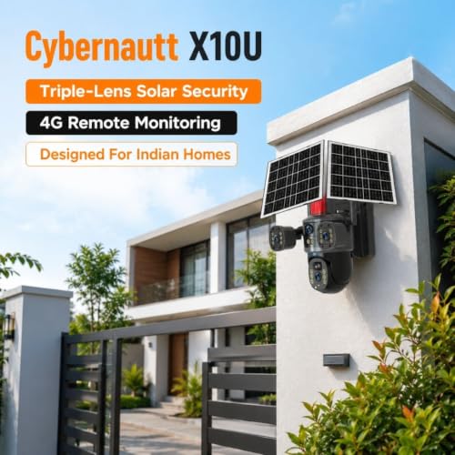 Image of XUGA - Cybernautt X10U Dual Solar 12MP 3 Lens PTZ Solar 4G Sim Outdoor CCTV Camera with 3 View | 360 | Night Vision | Motion Detection| Siren Alarm | 2 Way Audio | IP66 | Use Air-tel 4G Sim