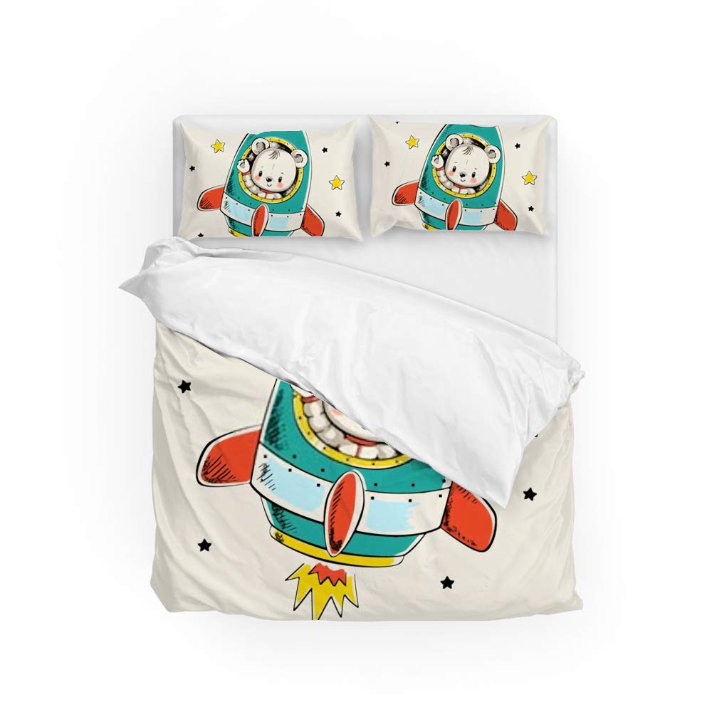 Housse de couette 100% polyester motif ours fusée grand lit double Queen Size