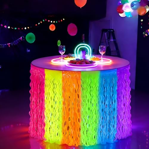 Image of 2 Pack Neon Tinsel Foil Fringe Table Skirts 108 x 29.5 Inch Glow in The Dark Party Table Decoration UV Reactive Fluorescent Wavy Tables Skirt for Glow Birthday Wedding Supplies Neon Party Decor