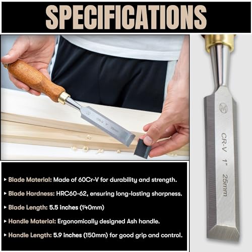 Mt Diablo Woodworking Tools 4 Piece Chisel Set - Premium CV60 Steel Wood Chisel Sets with Ergonomic Handles, Includes 1/4" 1/2" 3/4" 1" Widths - Ideal for Woodworkers - Durable Waxed Canvas Tool Roll — view 6