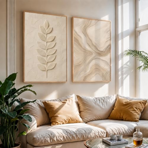 Image of NoWorries Minimal Leaf Wall Painting Set of 2 with Frame | Neutral Beige Botanical Leaf & Abstract Marble Texture Artwork, Modern Nature Wall Decor for Living Room, Bedroom, Office and Home Decoration (Art-4, 25x37inch)