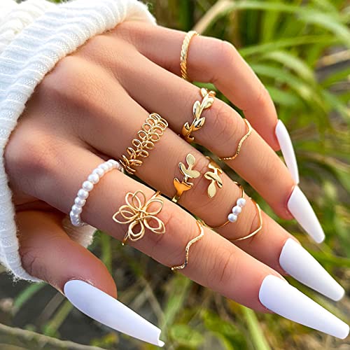 Huasai Boho Stackable Rings For Women Pearl Beaded Rings For Teen Girls Flower Leaf Wave Stacking Knuckle Rings Set Dainty Joint Finger Rings Gold Midi Pinky Rings For Birthday Gifts #TOP1