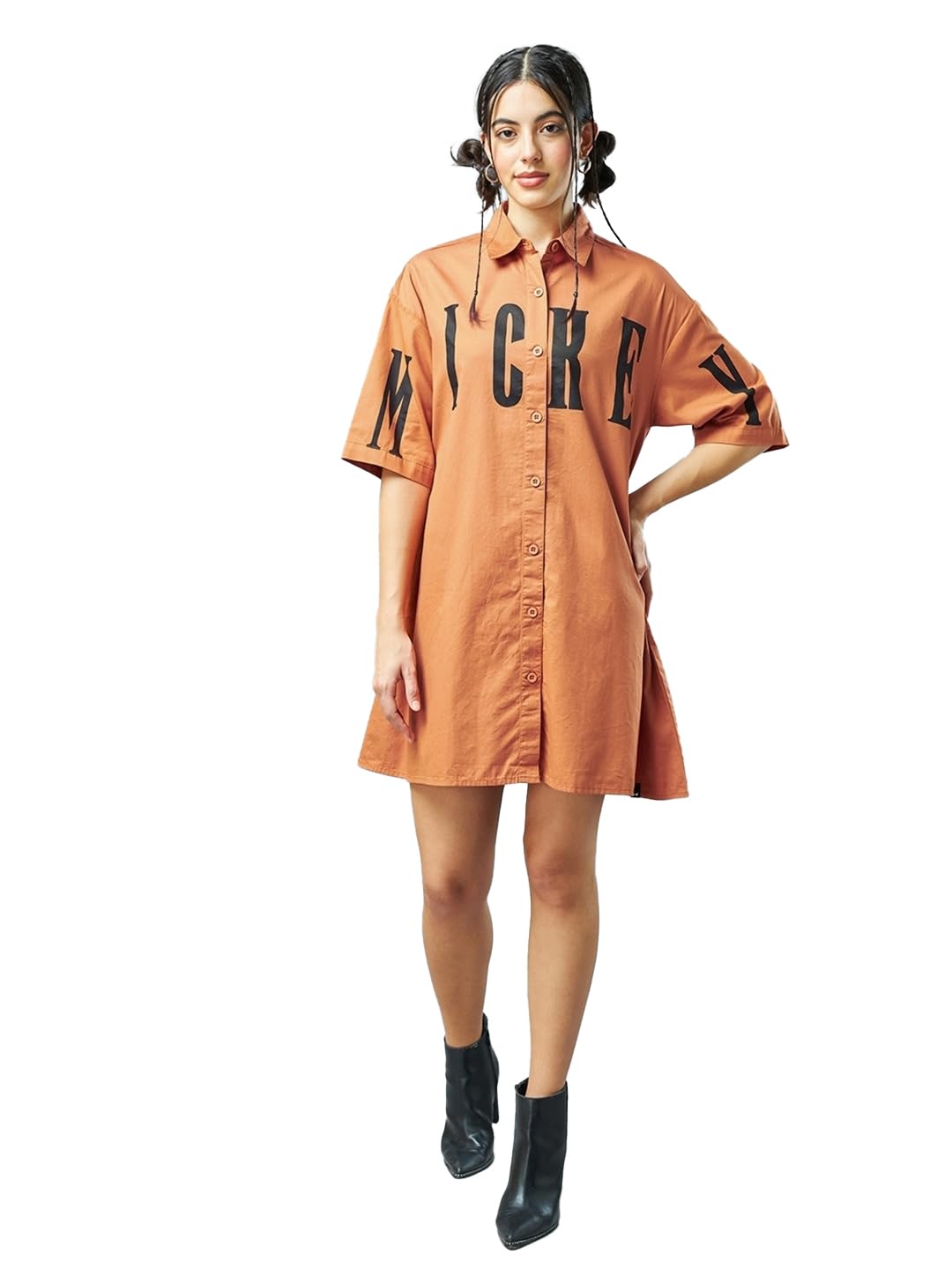 Bewakoof Official Disney Merchandise Women's Graphic Printed Oversized Fit Half Sleeve Collared Cotton Twill Shirt Dress 603368 Orange L