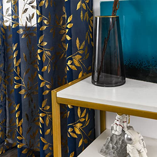 Sutuo Home Blue Sheer Curtains 63 Inch Length 2 Panels, Luxury Gold Foil Print Metallic Bronzing Vine Leaves, Privacy Window Treatment Decor Voile Drape for Kitchen Living Room, 52" W x 63" L, Navy - Cosy Home Interiors Sutuo Home Blue Sheer Curtains 63 Inch Length 2 Panels, Luxury Gold Foil Print Metallic Bronzing Vine Leaves, Privacy Window Treatment Decor Voile Drape for Kitchen Living Room, 52" W x 63" L, Navy - Image 4