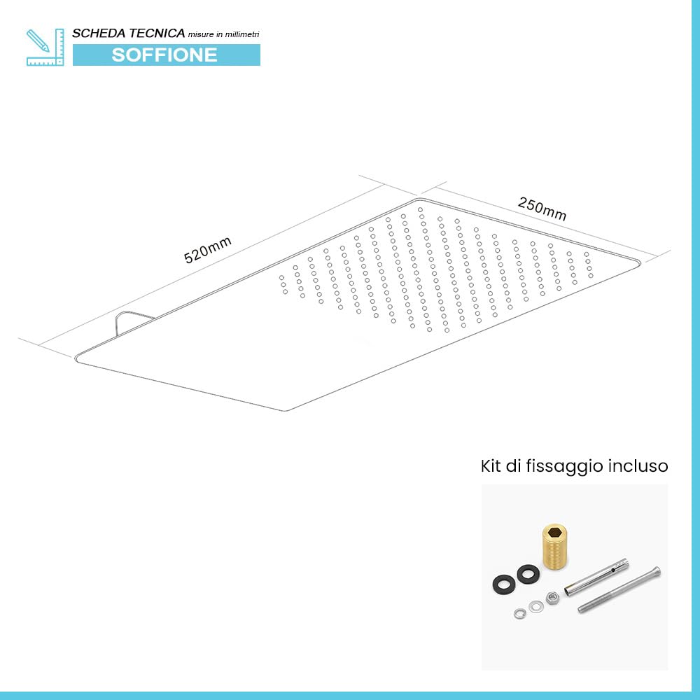 Soffione doccia a sbalzo cromo lucido 25x52 slim effetto pioggia, in acciaio inox