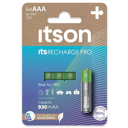 batterie ricaricabili AAA pacco da 4 PRO ad alta capacità 930 mAh imballagio ecologico con il 95% di materiali riciclati Made in Japan pile pre-caricate