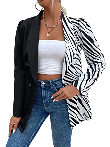 WDIRARA Women's Zebra Striped Print Shawl Collar Button Front Work Office Jacket Blazer