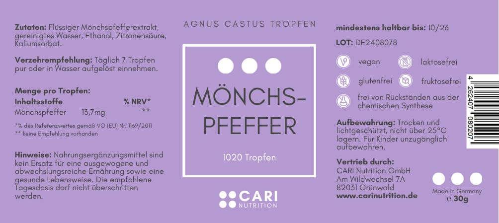 Mönchspfeffer | 1020 Tropfen | Agnus Castus | PMS, Zyklus, Menopause, Kinderwunsch | hochdosiert - 30 ml Flüssigextrakt | vegan & made in Germany