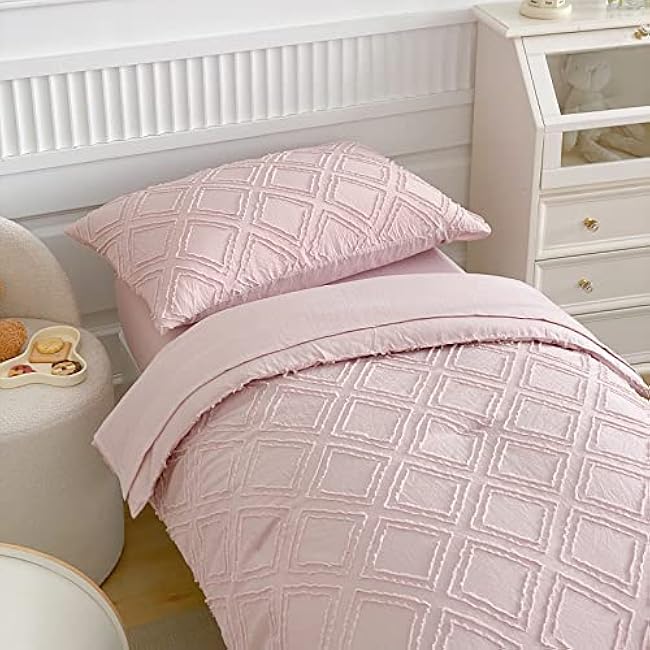 4 Pieces Tufted Toddler Bedding Set Light Pink Jacquard Tufts, Soft and Embroidery Shabby Chic Boho Bohemian Design for Baby Girls, Includes Comforter, Flat Sheet, Fitted Sheet and Pillowcase
