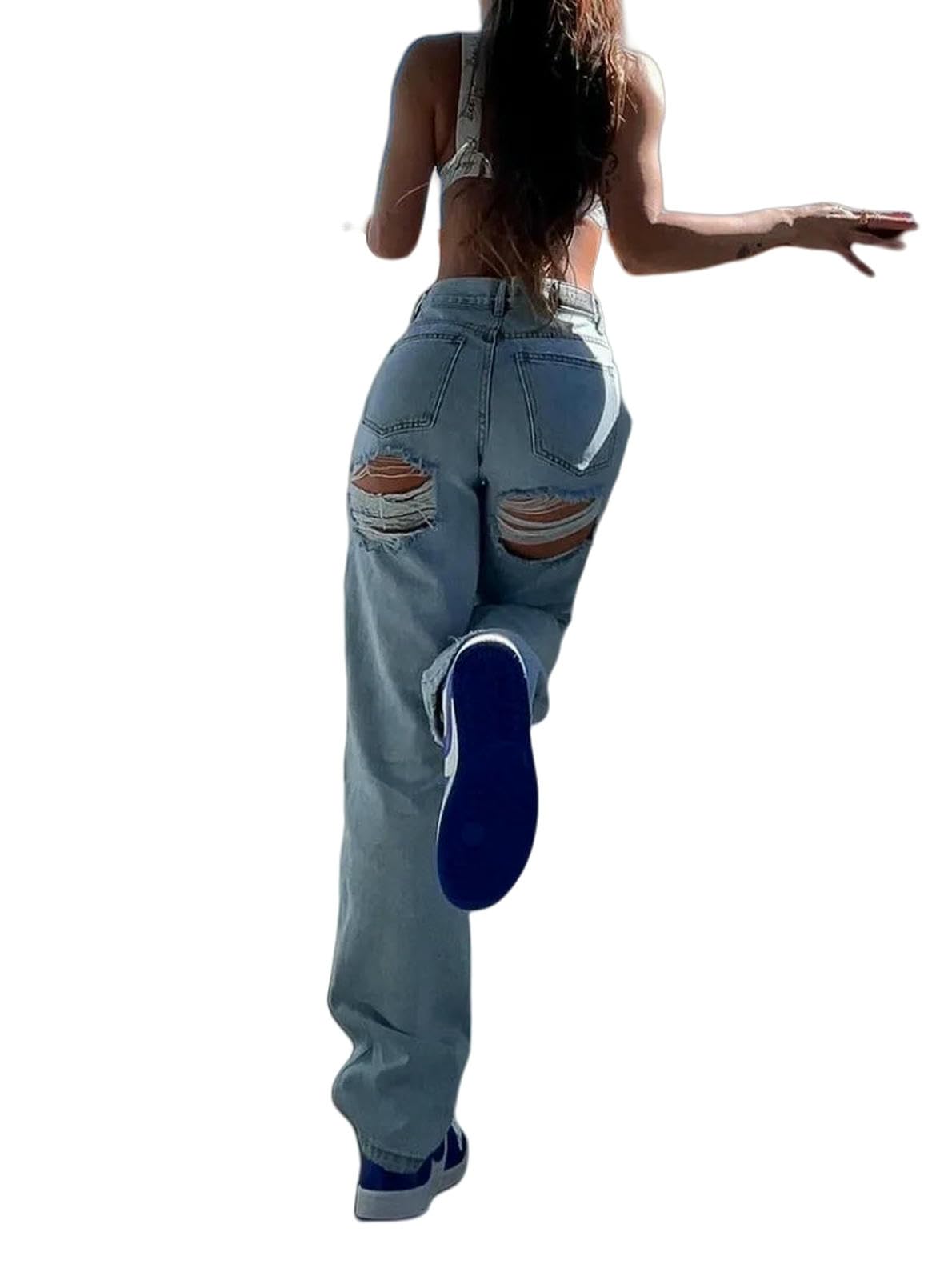 WANGSHUO Jeans Donna Strappati in Vita Alta da Donna-Blu-s
