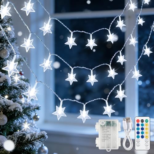 syosupviry 19FT 50 LED White Star String Lights, Battery & USB Powered