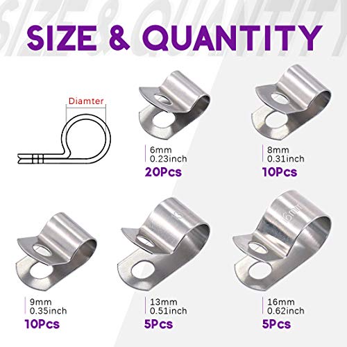 Swpeet 50Pcs 304 Stainless Steel 6mm-16mm Cable Clamps Assortment Kit, Without Rubber Cushioned Clamp, Metal Clamp - Image 2