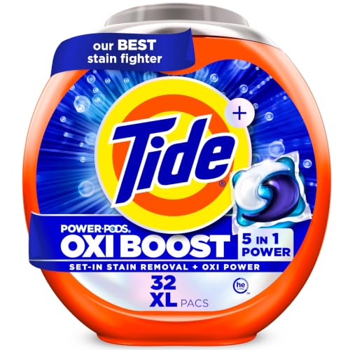 Image of Tide Oxi Boost Power PODS Laundry Detergent Pacs, 32 Count, Set-In Stain Removal + Oxi Power, laundry soap detergent pacs
