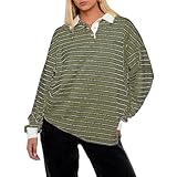 Y2K Striped Polo Shirts for Women Vintage Aesthetic Rugby Shirts Collared Long Sleeve Cute Preppy Tops for Teen Girls (Army Green, M)