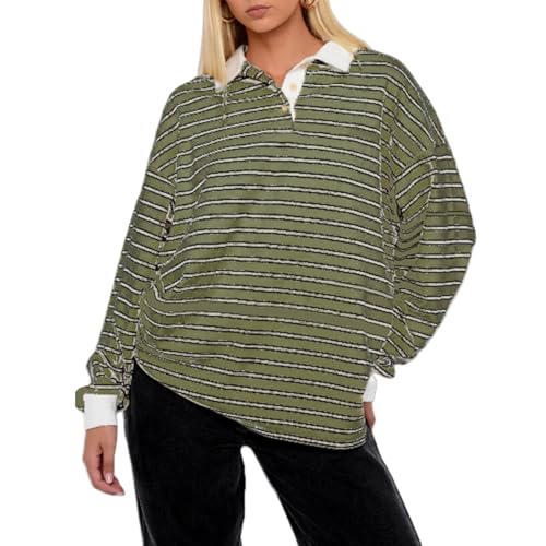 Y2K Striped Polo Shirts for Women Vintage Aesthetic Rugby Shirts Collared Long Sleeve Cute Preppy Tops for Teen Girls (Army Green, M)