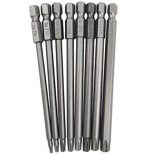 Wolfride 8Pcs Torx Head Screwdriver Bit Set 1/4 Inch Hex Shank 100mm Magnetic Security Head Screwdriver Drill Bit Set S2 Steel T8 T10 T15 T20 T25 T27 T30 T40