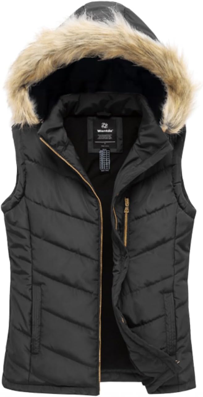 wantdo Women's Thicken Winter Vest Warm Puffer Vest with Removable Fur Hood