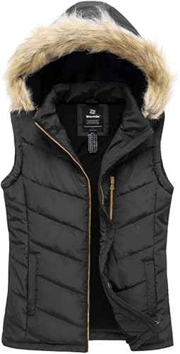 wantdo Women's Winter Vest Thicken Black Puffer Vest with Hood (Black, Small)