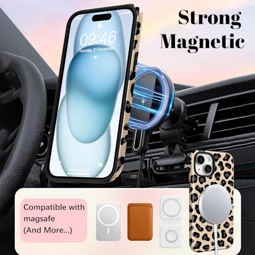 Image of Magnetic for iPhone 15 Case for Women Men, Brown Leopard | Cool Cheetah Pattern Design [Compatible with MagSafe] 2-Layer Hybrid Shockproof Glossy Protective Cover