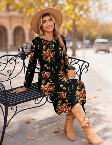 Image of Zeagoo Fall Dresses for Women Long Sleeve Midi Dress Casual A Line Dresses 2026 Pleated Flare Dress with Pockets