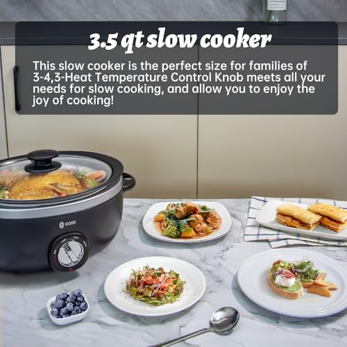 Image of ICOOK USC-35-OP001BK 3.5 Quart Slow Cooker,Aluminium Sear /Saute Stew Pot Stovetop safe,Dishwasher Safe,Glass Lid,Adjustable Temp,Food Warmer,Black