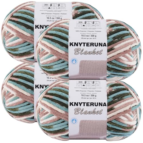 Image of #6 Super Bulky Blanket Yarn for Crocheting - 4 Skeins(Each 10.5oz /300g, 220yds /201m), Chunky Chenille Thick Plush Big Soft Yarn for Crocheting Knitting Blankets, Forest & Teal & Coffee