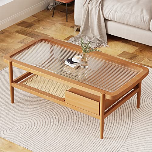 Lktart Modern Double-Layer Imitation Rattan Coffee Table Rectangular Solid Wood Glass Desktop For Living Room Bedroom Office #TOP6