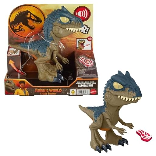 Mattel Jurassic World: Teoría del Dinocaos Netflix - Chomp Chomp Alosaurio Mega Rugido, Figura de acción de dinosaurio de juguete que emite sonidos y mandíbula se abre, +4 años, HVB45 | Ya disponible en tu tienda friki favorita! En mundofriki.es!