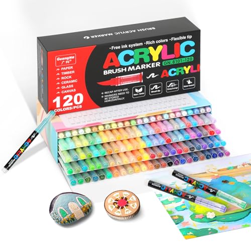 120 Colors Acrylic Paint Markers Brush Tip, Acrylic Paint Pens with Direct-Liquid Ink System, Paint Markers for Rock Painting, Fabric, Wood, Canvas, Plastic, Permanent,Washable,Quick-Drying,Waterproof