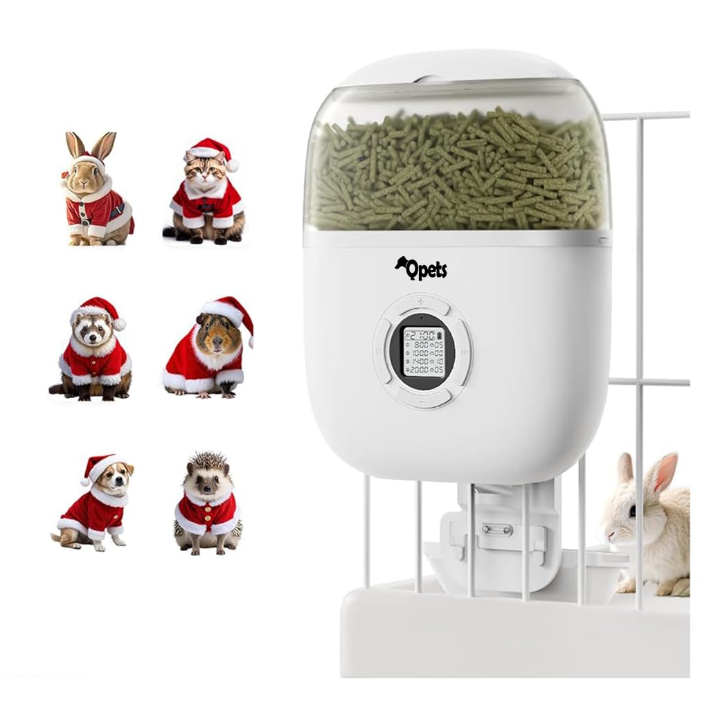 Qpets® Automatic Small Pet Feeder, 1.8L Programmable Timer & Portion Control for Rabbits, Guinea Pigs & Hamsters, Transparent Window & 2 Food Outlet Sizes - Cage-Mount Dispenser for Consistent Feeding