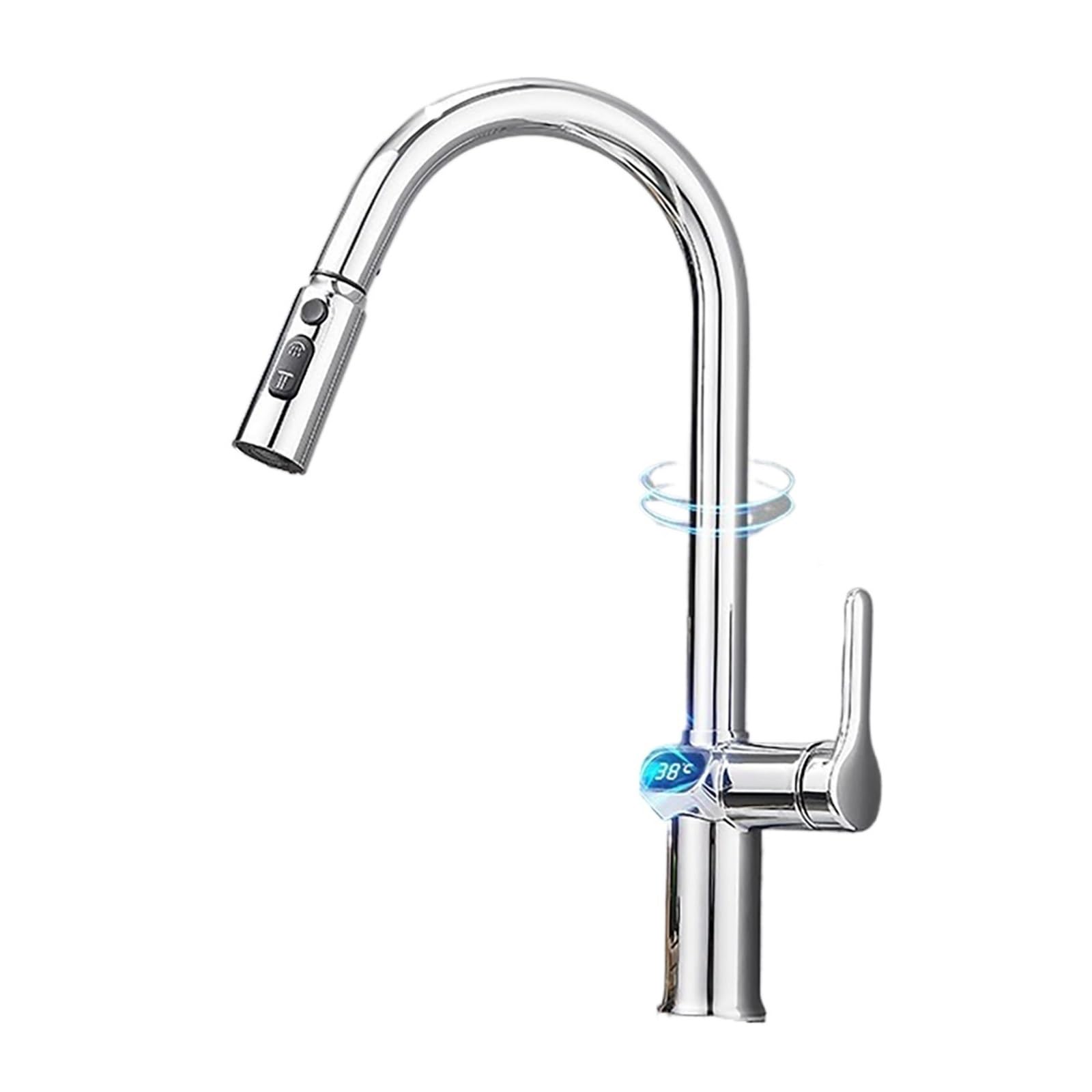 ZQFHSX Thermostatic Kitchen Faucet with Pull Out Sprayer and Digital Display Rotatable Silver Sink for Modern