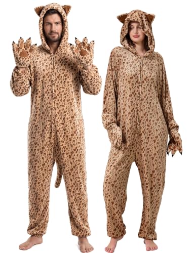 YuDanae Unisex Adult Leopard Costume Cheetah Onesie Pajamas Animal Cosplay Costume Halloween Onesie Suit for Women and Men Homewear