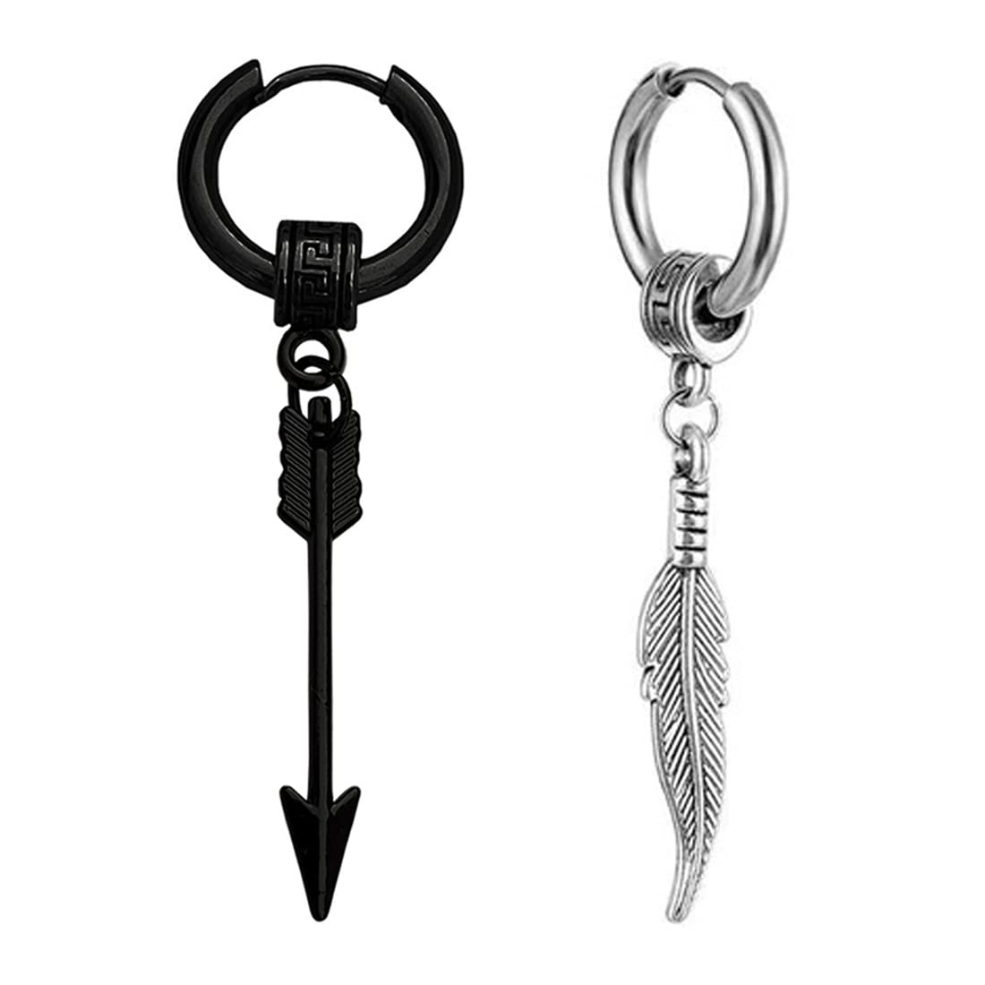 M Men Style Arrowhead With Feather Ring Long Chain Hoop Black & Silver Stainless Steel Earrings For Men And Women (B0B1M74CWY) Amazon Price History, Amazon Price Tracker