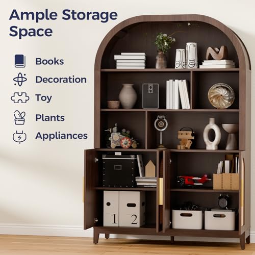 Image of 71 inch Tall Wide Arched Storage Cabinet, 5-Tier Rattan-Door Bookcase with Divider Shelf & Gold Pull Handles, Wood Versatile Pantry Organizer for Living Room /Kitchen /Office, Walnut