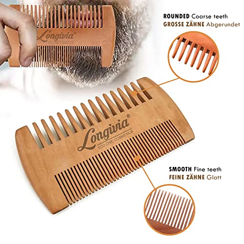 Foto von Longivia® Bartkamm Holz Ökologisch 100% Birnbaumholz Beard Comb Wood Bartpflege für Männer Holzkamm Grobe und Feine Zinken Set – Hochwertig Bart Kamm
