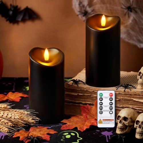 Image of Raycare 6 inchx3 inch Outdoor Waterproof Flameless Candles with Remote and Timer, Battery Operated LED Electric Fake Pillar Candle for Halloween Home Wedding Decor, Black, Set of 2
