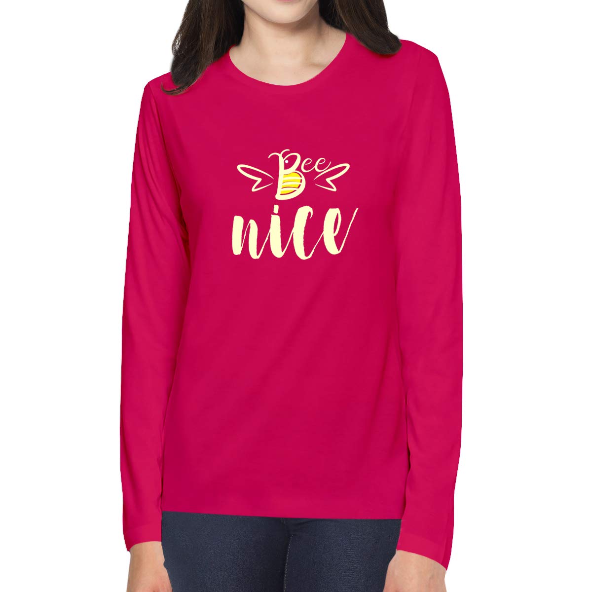 OPLUWomen's Regular Fit Bee Nice Cotton Graphic Printed Round Neck Full Sleeves Multicolour T Shirt. Trending, Pootlu, Stylish, Honey bee Tshirts